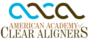 Logo of the American Academy of Clear Aligners; features stylized "aaca" in blue and brown above the organization's name in bold brown text.