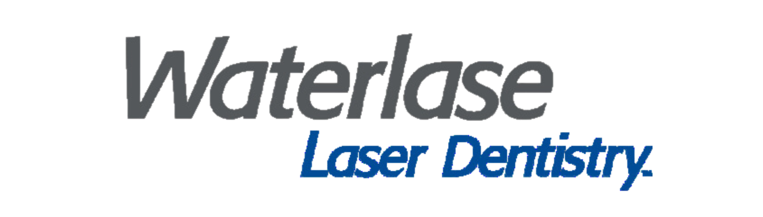 Alt text: Logo with the word "Waterlase" in gray and "Laser Dentistry" in blue below, conveying a modern and professional tone.