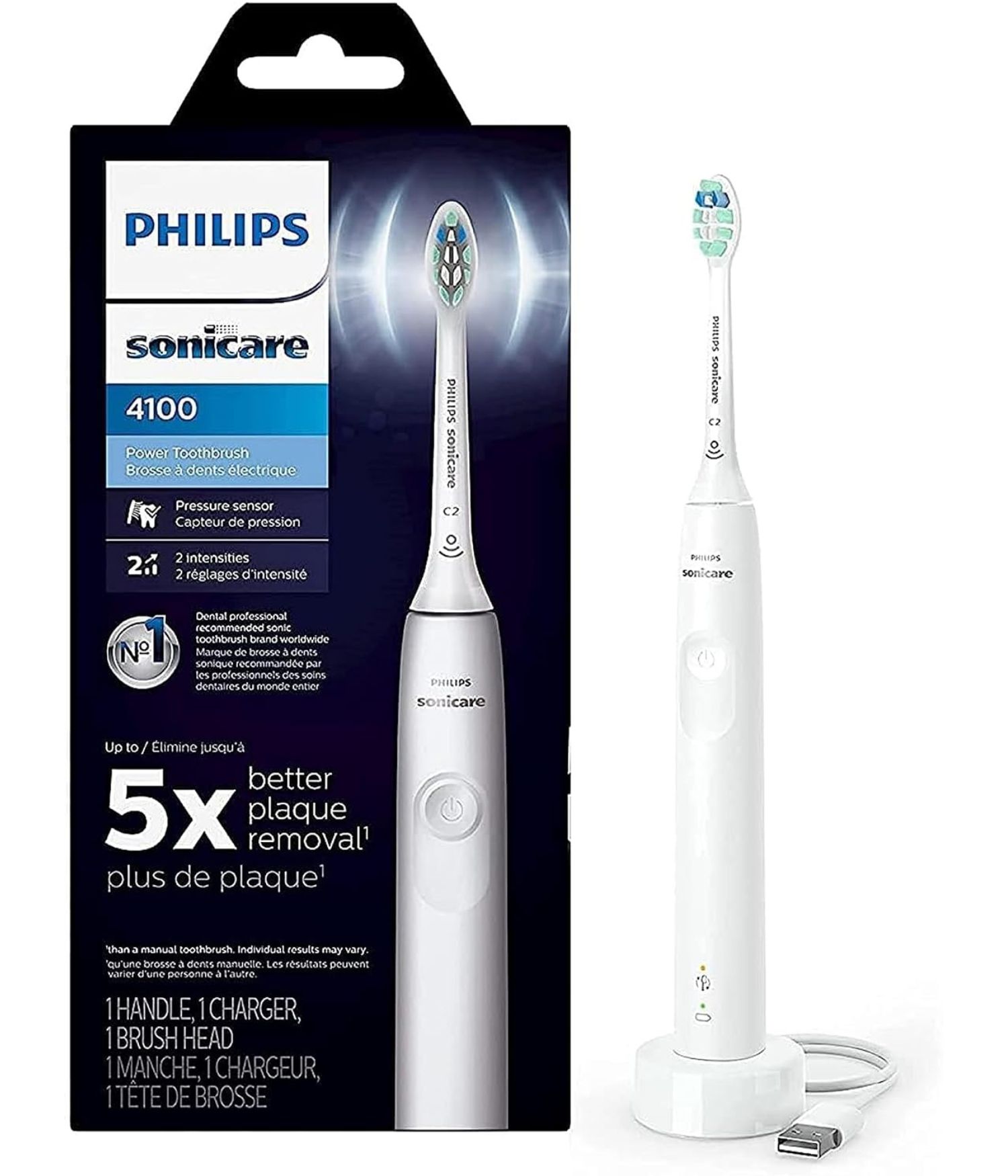 Philips Sonicare 4100 electric toothbrush next to its box. White handle, blue and green bristle head, and charging base. Claims 5x plaque removal.