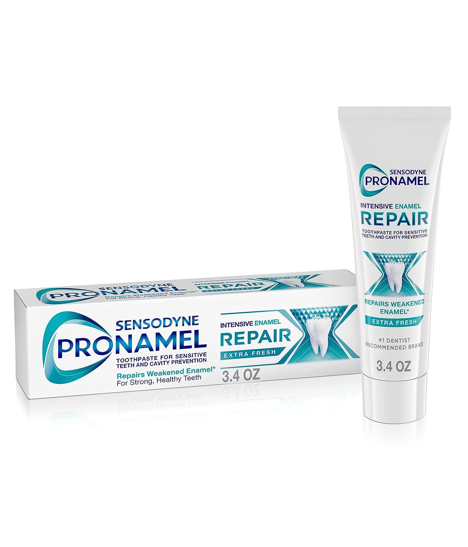 Tube and box of Sensodyne Pronamel Intensive Enamel Repair toothpaste, extra fresh, 3.4 oz, designed for sensitive teeth and enamel strengthening.