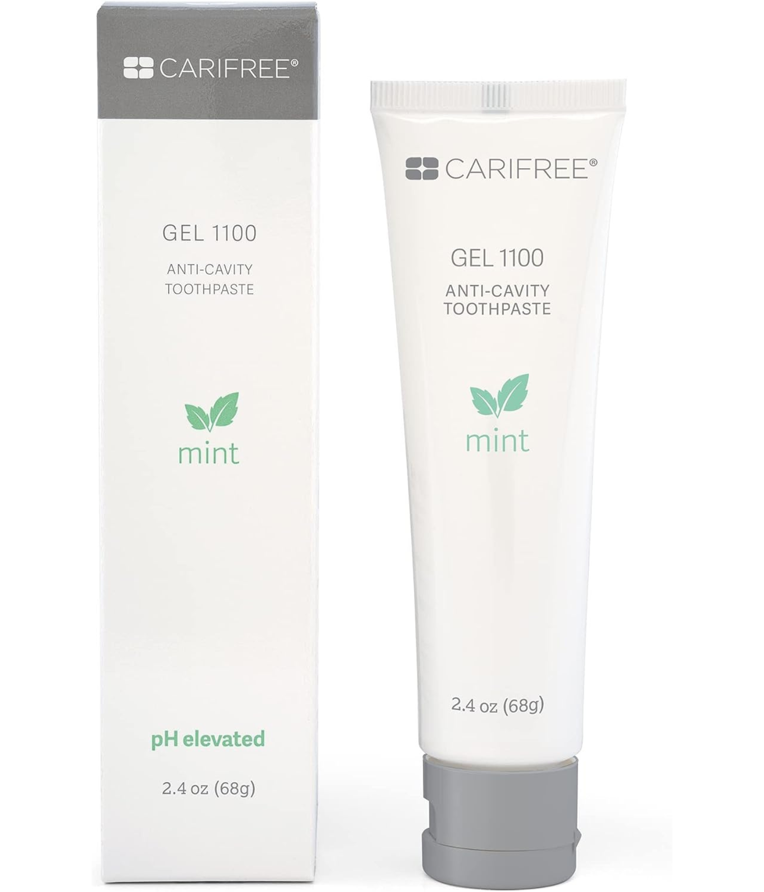 Tube and box of CariFree Gel 1100 Anti-Cavity Toothpaste. Mint flavor with "pH elevated" label. Simple design conveys freshness.