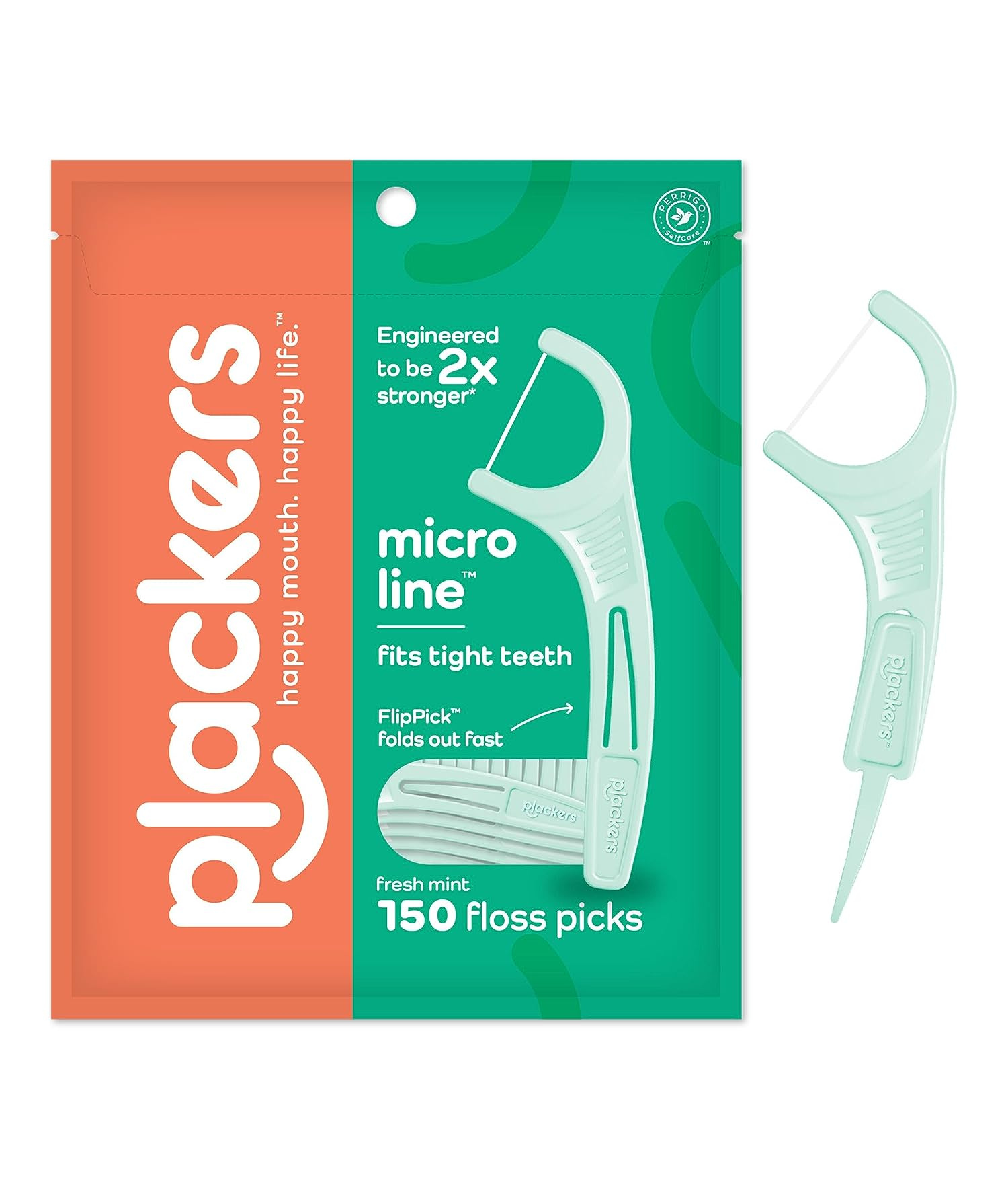 Packaging for Plackers Micro Line floss picks in green and orange. Text highlights features like strength and mint flavor. Includes floss pick image.
