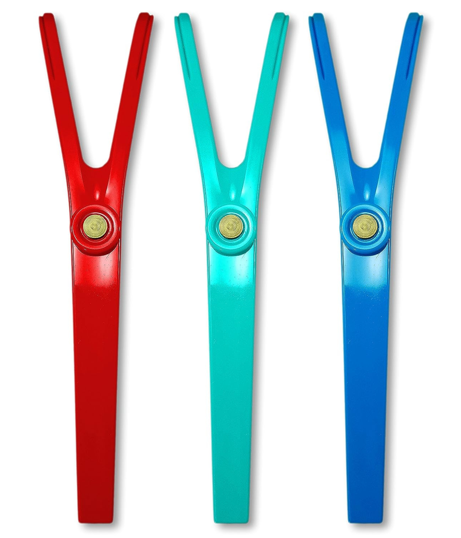 Three large, colorful plastic clothespins are standing vertically against a white background. From left to right, they are red, turquoise, and blue.