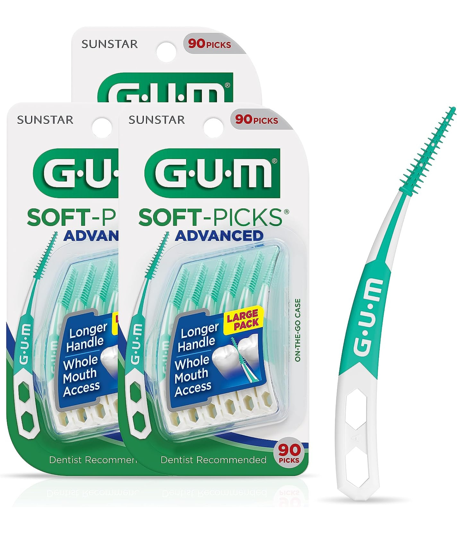 Packaging of GUM Soft-Picks Advanced, displaying three packs with 90 picks each. Emphasizes "longer handle," "whole mouth access," and "large pack."
