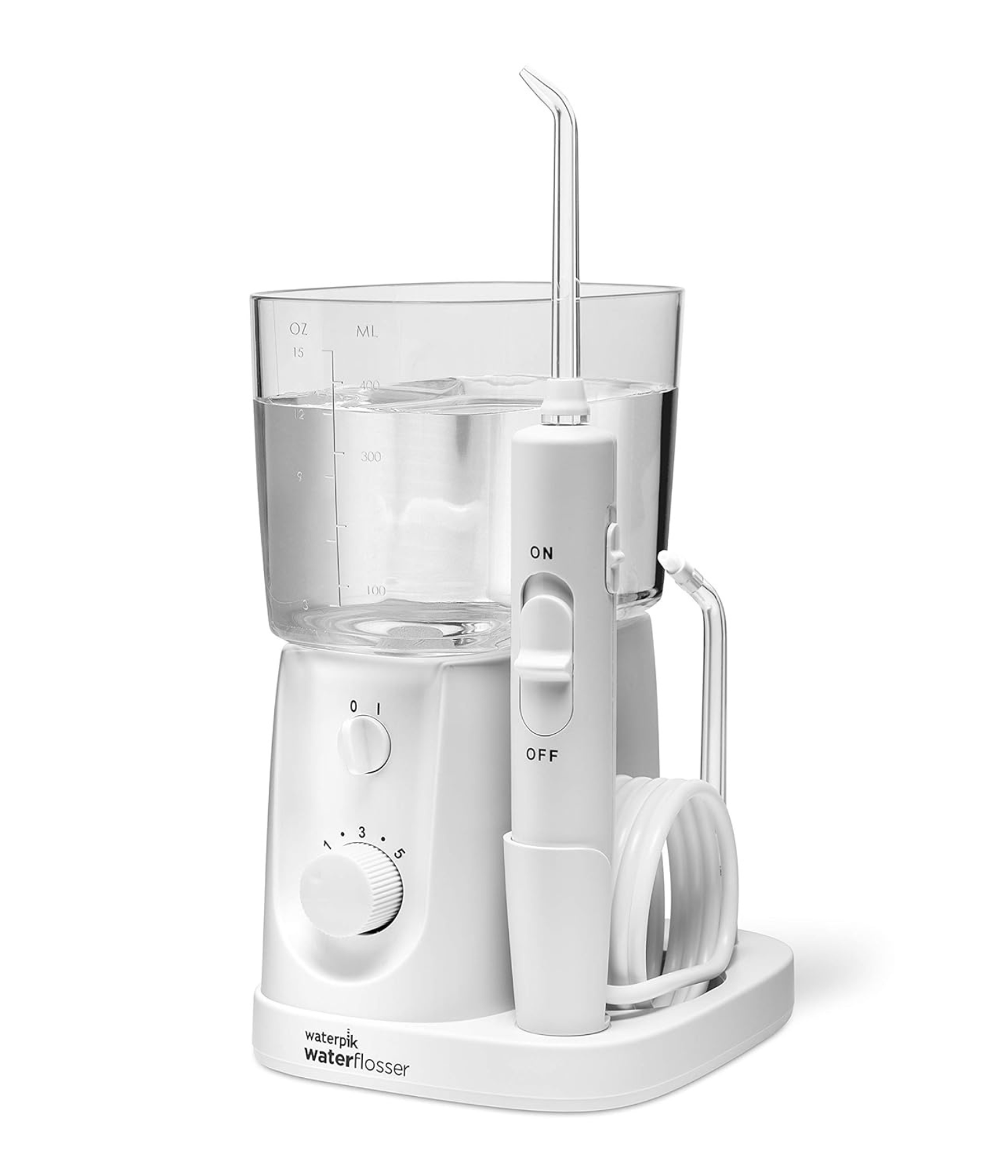 White Waterpik water flosser with a transparent water tank, adjustable pressure dial, and on/off switch. Coiled hose and sleek design for dental care.