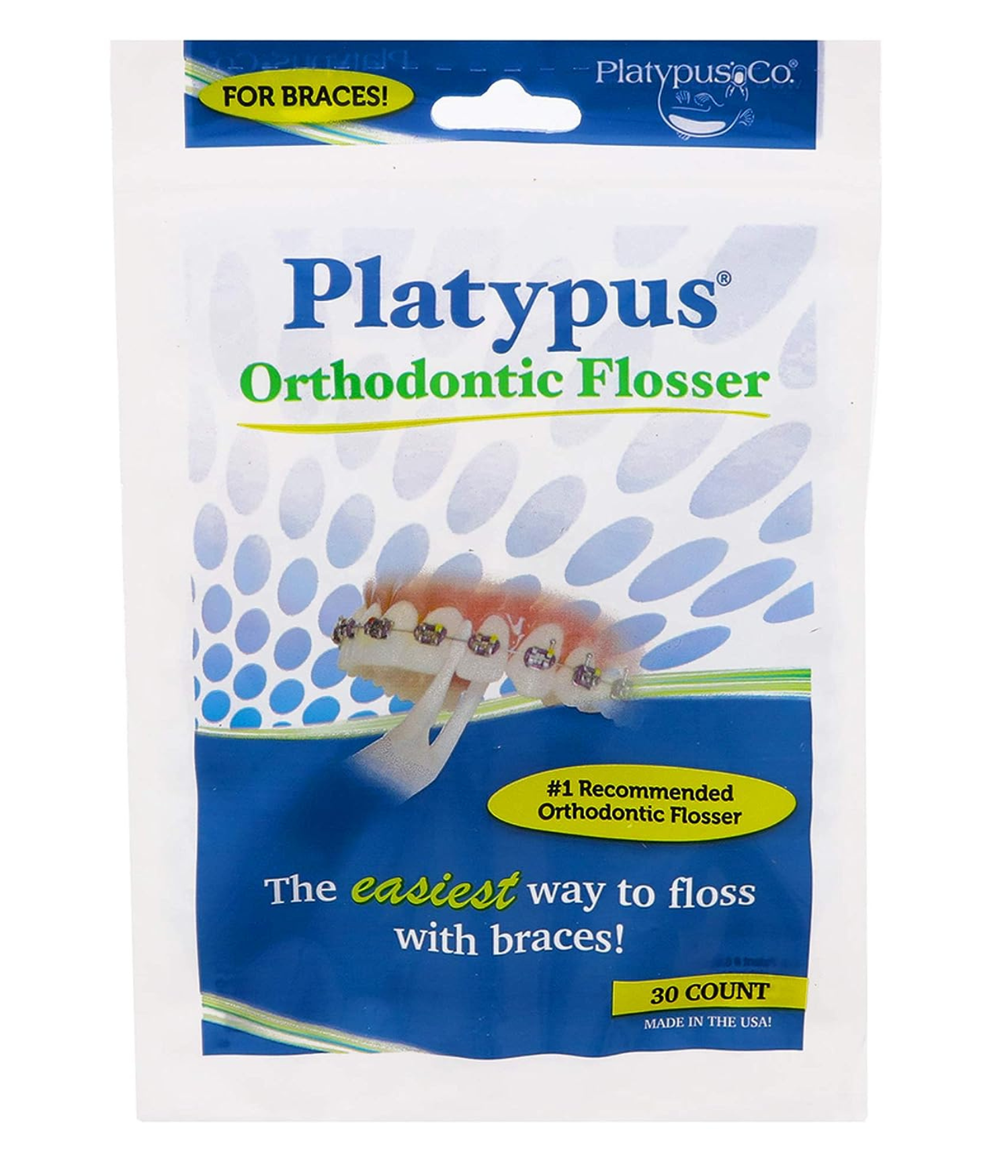 Packaging of Platypus Orthodontic Flosser displaying a smiling mouth with braces. Text: "The easiest way to floss with braces!" in blue and yellow.