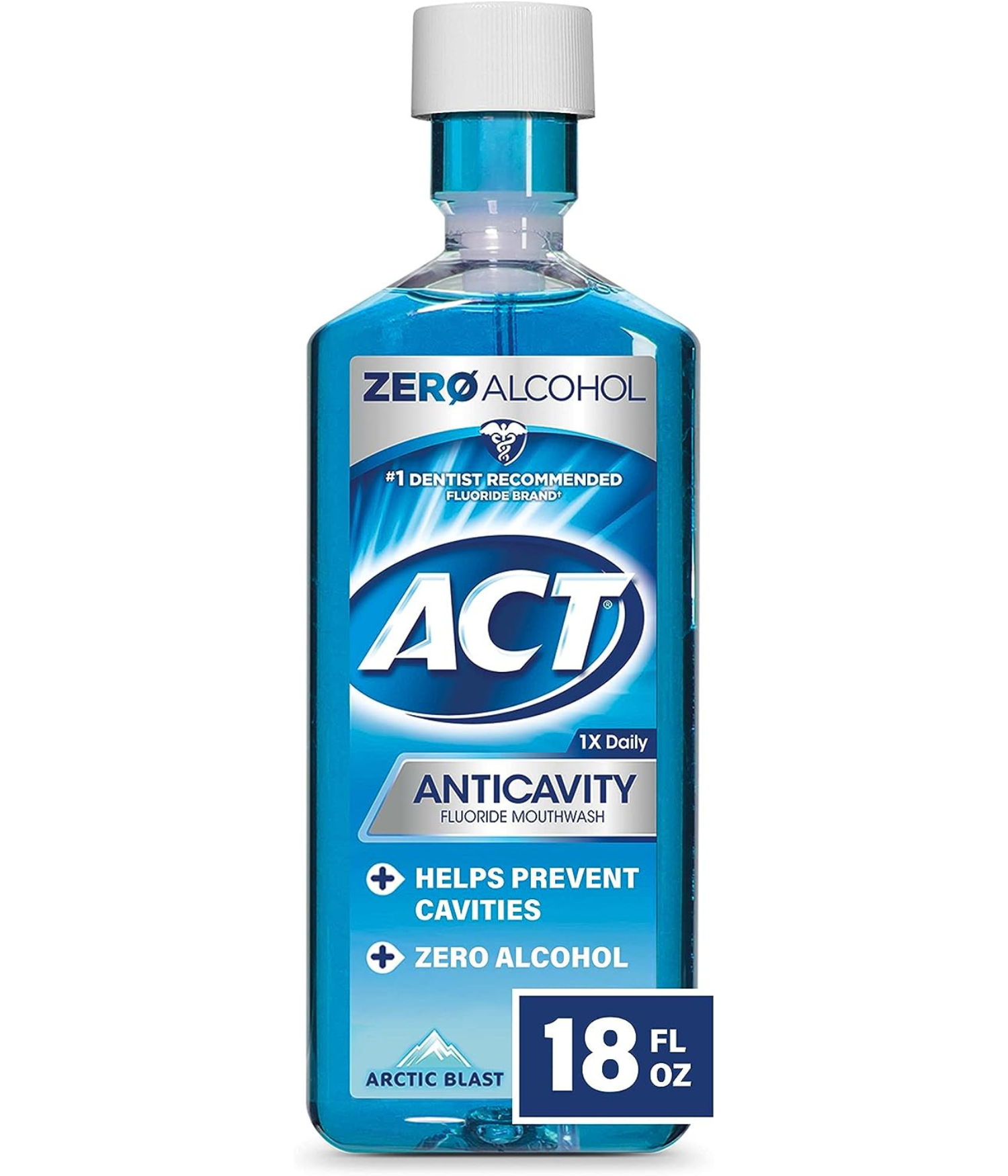 Blue bottle of ACT Anticavity Fluoride Mouthwash, 18 fl oz, labeled "zero alcohol" and "helps prevent cavities," with an Arctic Blast flavor.