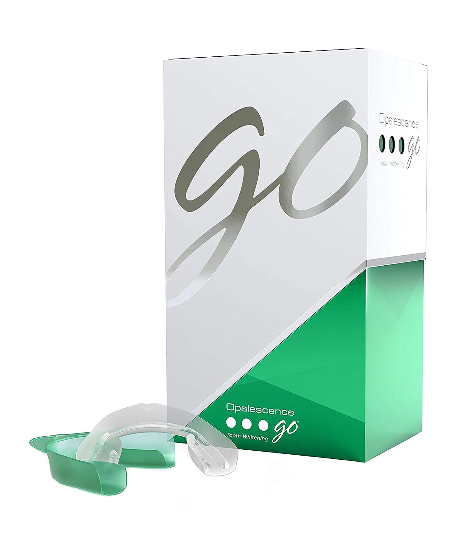 Box of Opalescence Go teeth whitening kit with a clear and green dental tray in front. The packaging is sleek with a modern, fresh design.