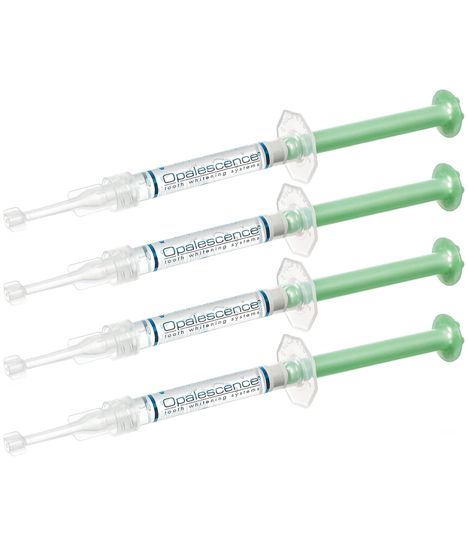 Four green syringes labeled "Opalescence Teeth Whitening System" are aligned horizontally against a white background, conveying a clean and clinical feel.