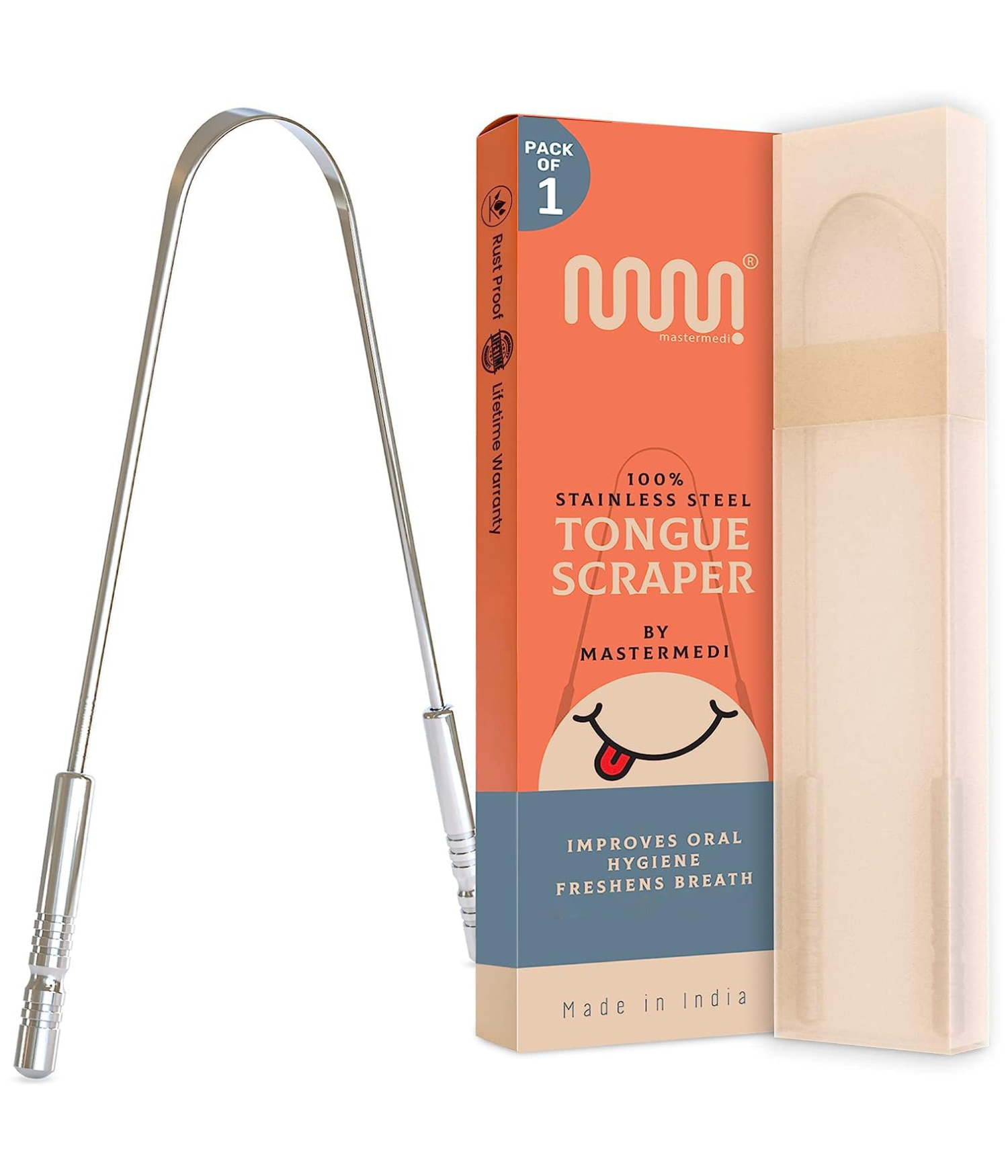 Stainless steel tongue scraper next to its packaging. The orange box highlights benefits like improved oral hygiene and fresh breath. Brand logo on top.