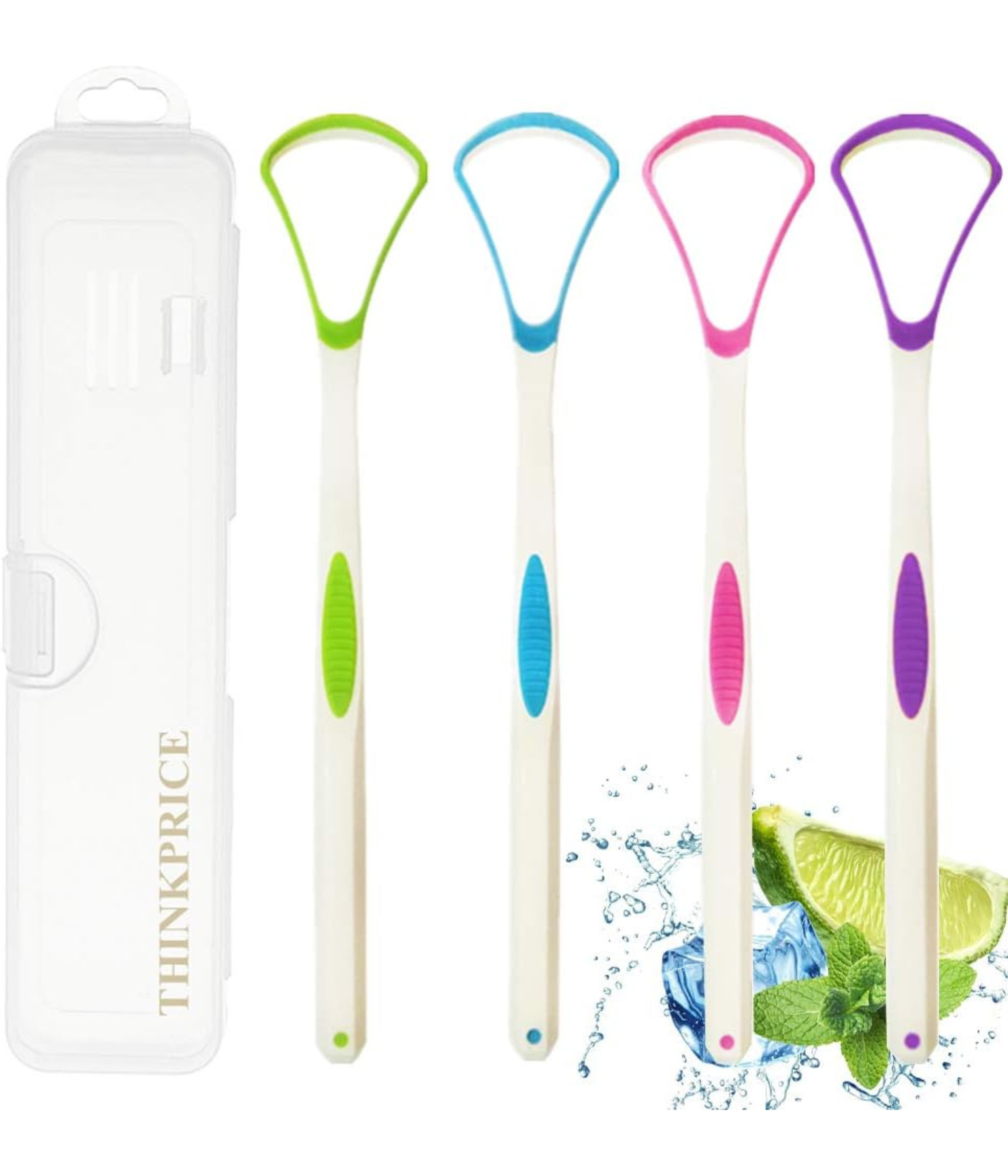 Four colorful tongue scrapers with white handles and grips in green, blue, pink, and purple. A clear case and lime, mint, and water splash.