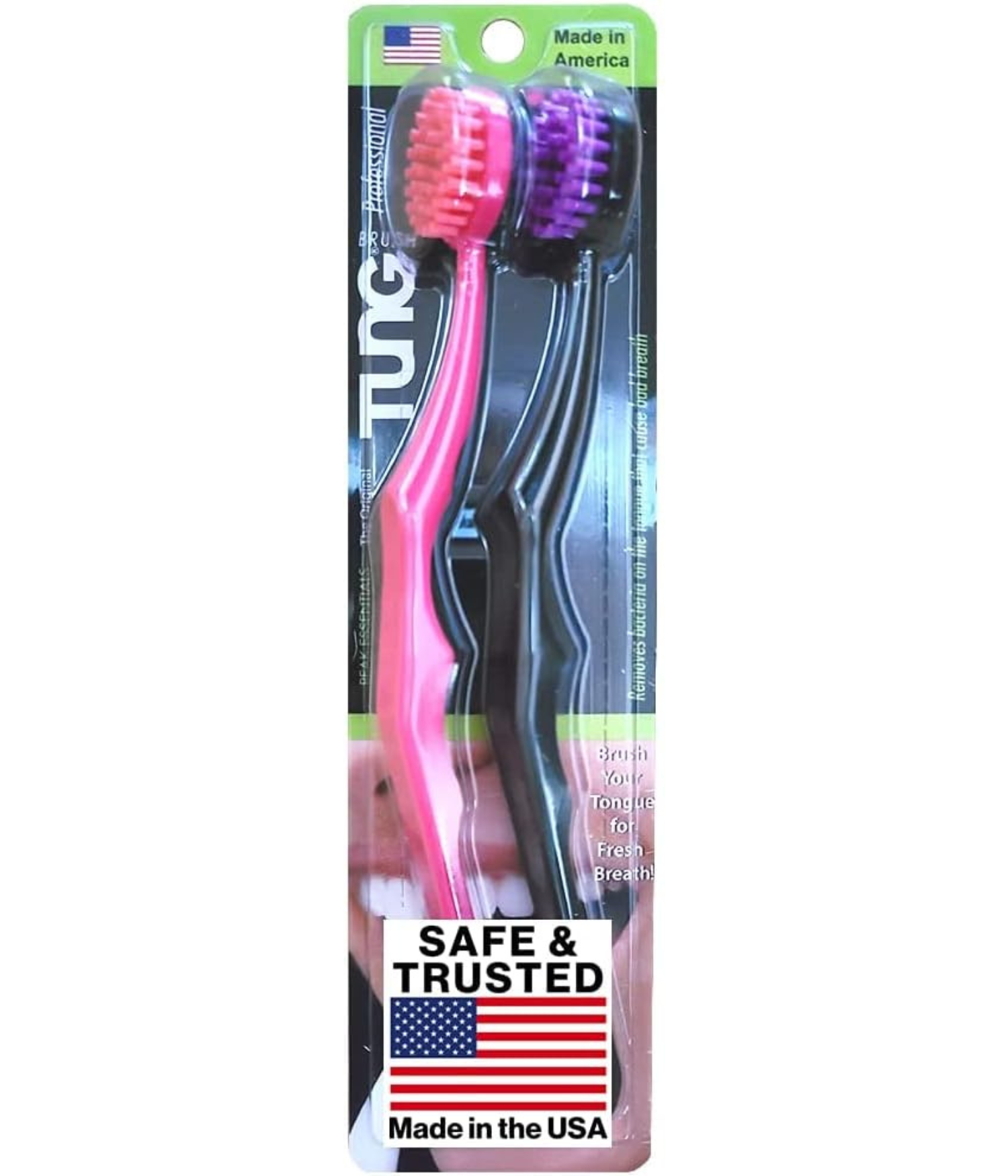 Two-pack of tongue brushes with pink and black handles, featuring red and purple bristles respectively. Packaging highlights "Made in the USA."
