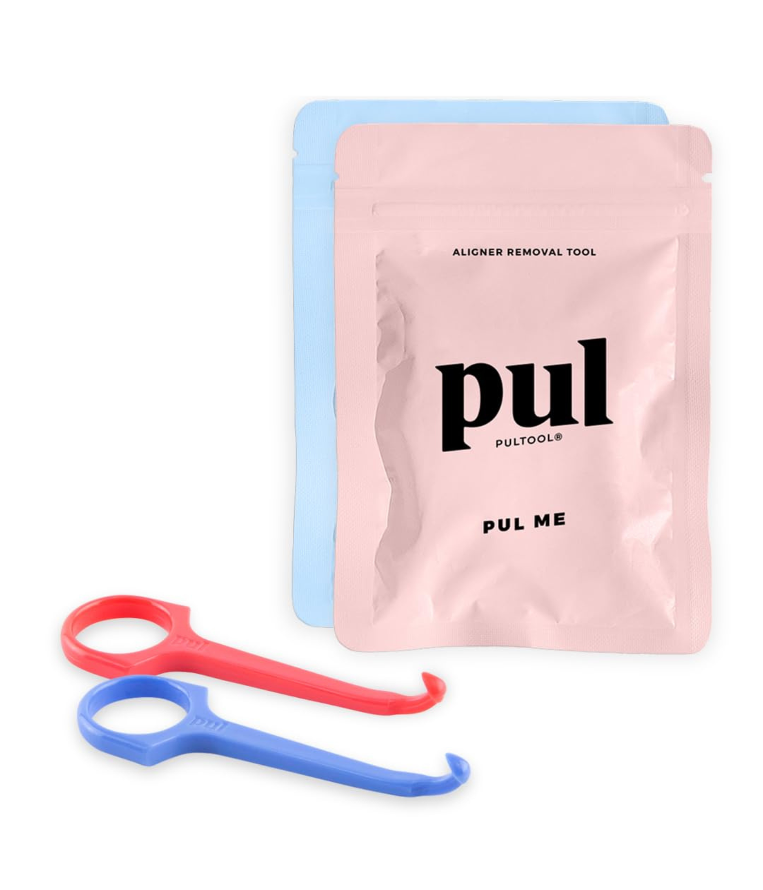 Pink and blue pouches labeled "Aligner Removal Tool" with two tools, one red and one blue, featuring hook ends. Clean, practical, and modern.