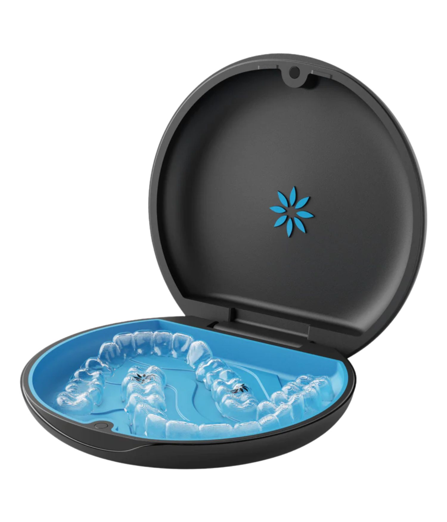 Open black case with a blue interior, holding a clear dental aligner. A blue star pattern is visible inside the lid, conveying a clean, professional feel.