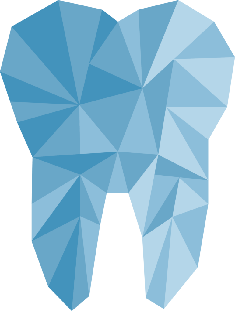 A geometric, polygonal blue tooth icon with a crystalline appearance, symbolizing dental care. The style conveys modernity and precision.