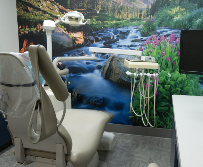 Dental office with beige chair facing a scenic mural of a vibrant river and lush greenery. The calm setting conveys a soothing atmosphere.