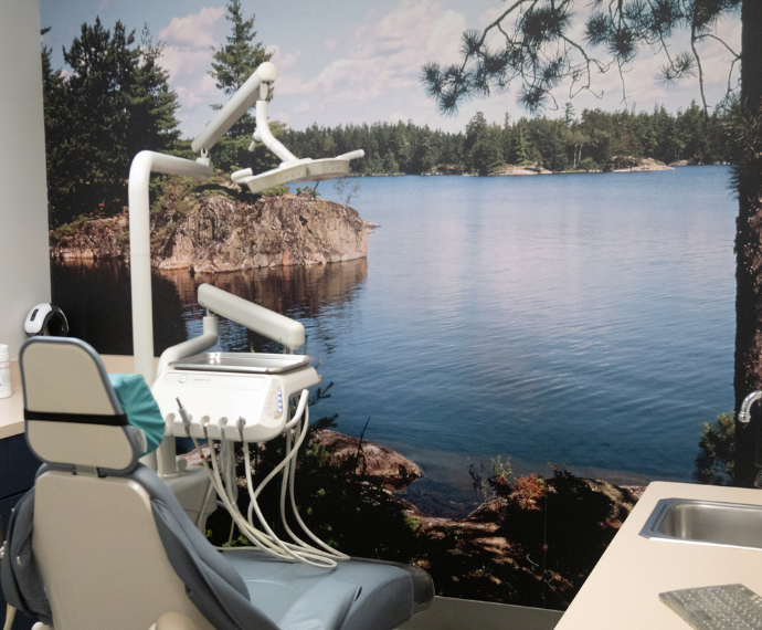 A dental office with a serene lake and forest mural on the wall, featuring a dental chair and equipment in the foreground, creating a calming atmosphere.