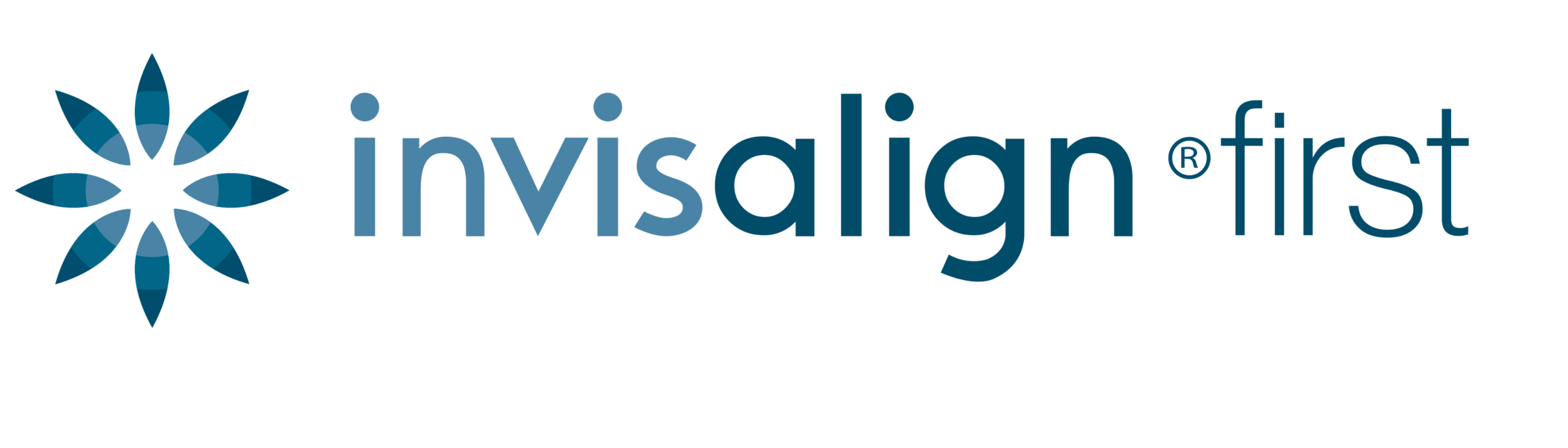 "Invisalign First logo with a blue stylized flower icon on the left, followed by the words 'invisalign first' in blue, conveying a clean and professional tone."