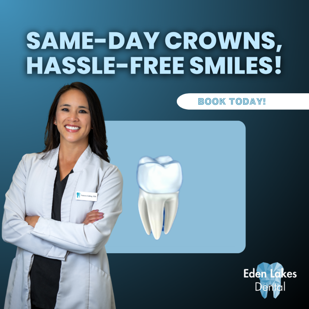 Smiling dentist in a white coat stands confidently beside a large illustrated tooth under text: "Same-Day Crowns, Hassle-Free Smiles! Book Today!"