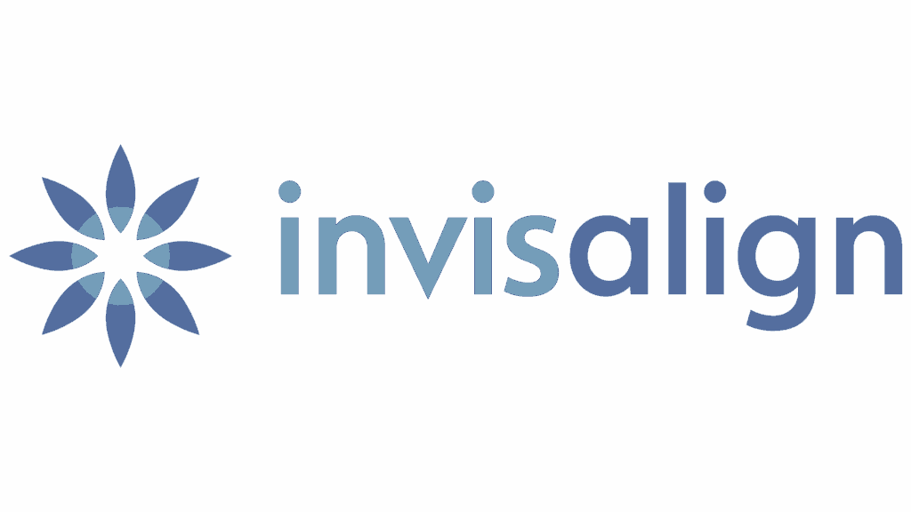 The image displays the Invisalign logo, featuring a stylized, blue, star-like floral design on the left and the brand name "invisalign" in lowercase letters.