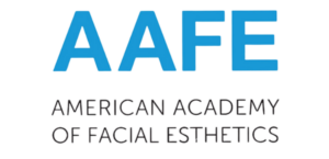 Logo for the American Academy of Facial Esthetics. "AAFE" in bold blue letters, with "American Academy of Facial Esthetics" in black below.