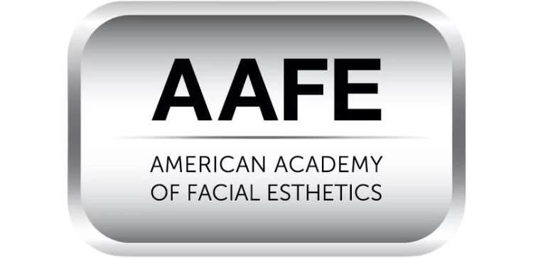 Silver rectangular logo with bold black "AAFE" text centered above smaller text "American Academy of Facial Esthetics," conveying professionalism.